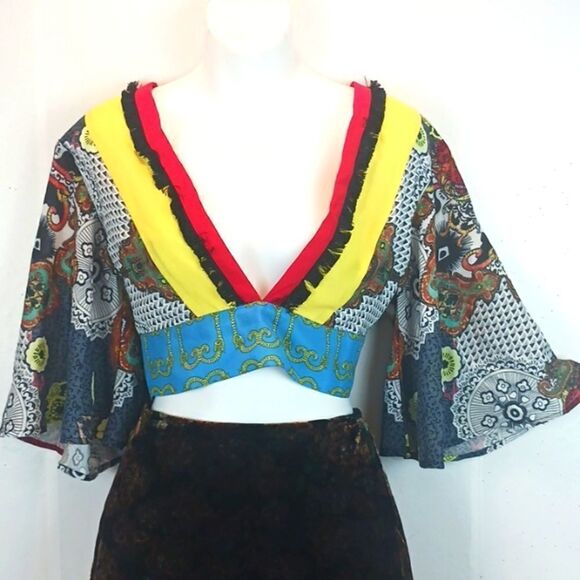 kimono sleeve boho Tribal cropped V-neck/back multicolored with Fringe top sz S - Picture 1 of 10